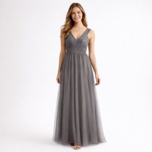 Tulle & Chantilly XS/S Smoky Gray Tulle Maxi Dress Pleated Crossover Bodice